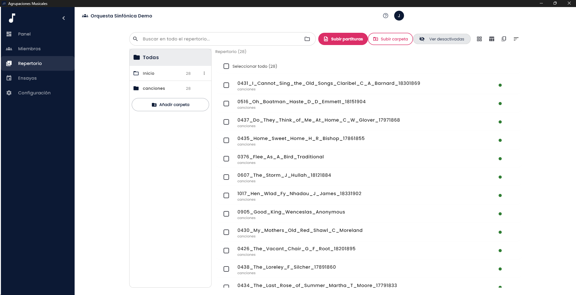 Repertorio de una agrupación en Agrupaciones Musicales para Windows